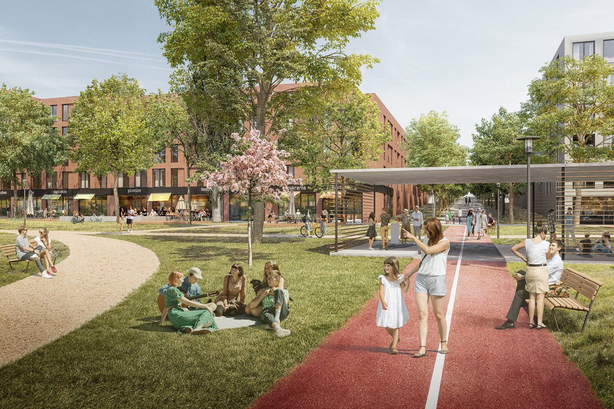 Vizualizace nového centra Milovic — park a pěší zóna