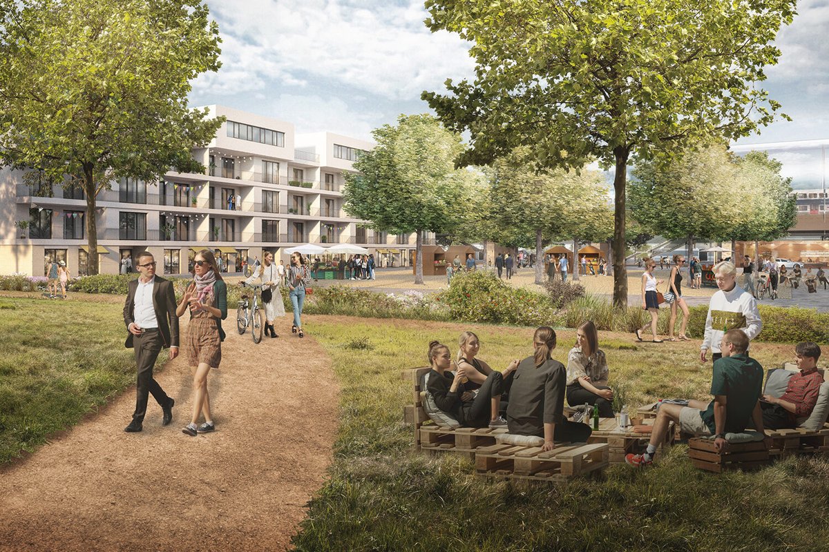 Vizualizace nového centra Milovic — veřejný prostor se zelení