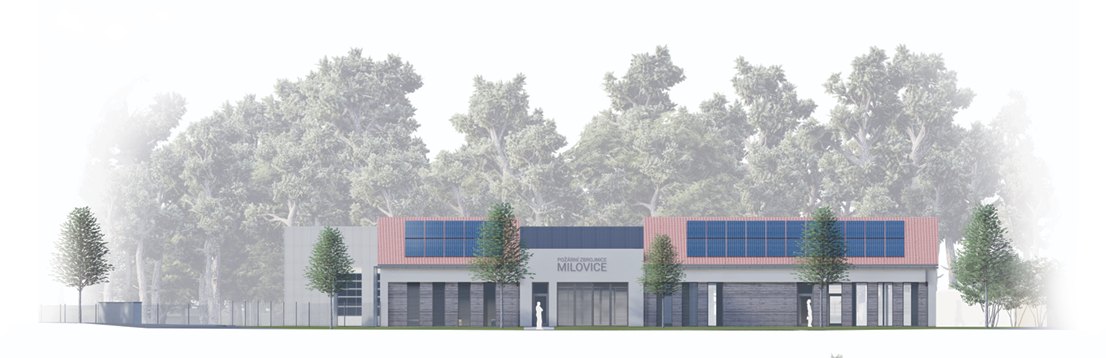 Vizualizace nové požární zbrojnice Milovice — pohled z ulice